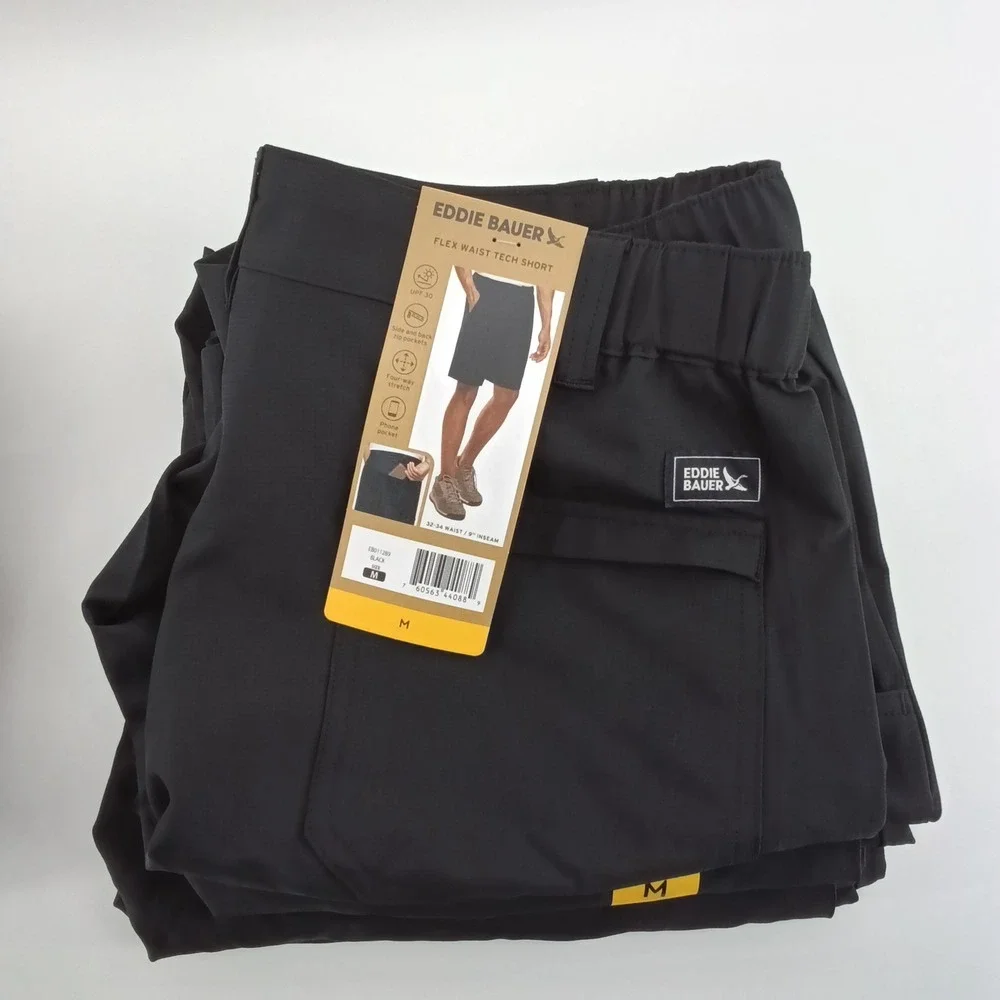 Eddie Bauer Tech Shorts Mens M Black EB011289 Flex Waist 9 Inch Inseam Stretch
